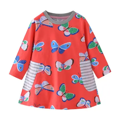 Girls' Printed Butterfly Long Sleeve Dress Red
