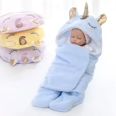 New Winter Baby Swaddle Blanket Unicorn Double Layer Light Blue