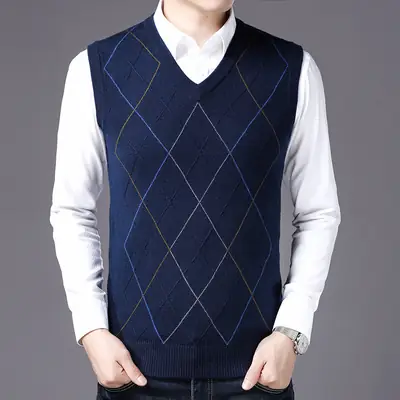 Men's Navy Knit V-Back Vest Solid Color Business Casual Wear