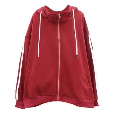 Women Red Hooded Sweatshirt Jacket with Stripes & Zipper