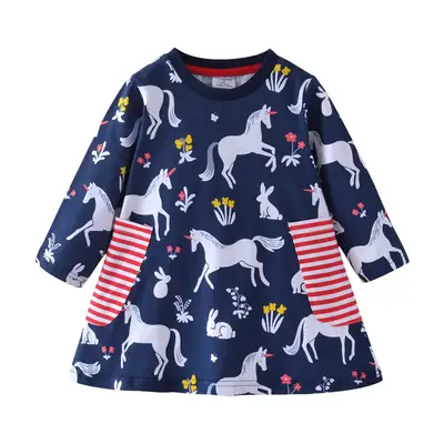 Girls' Printed Long Sleeve Dress Blue with Deer Pattern
