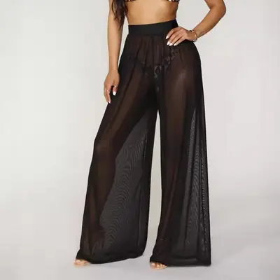 Wide Leg Pants Pure Color Mesh See Through
