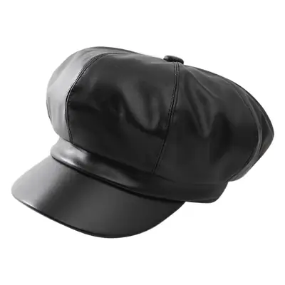 Women Leather Octagonal Hat Black Winter Casual