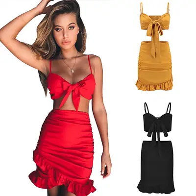 Red Ruffled High Waist Camisole Set for Women