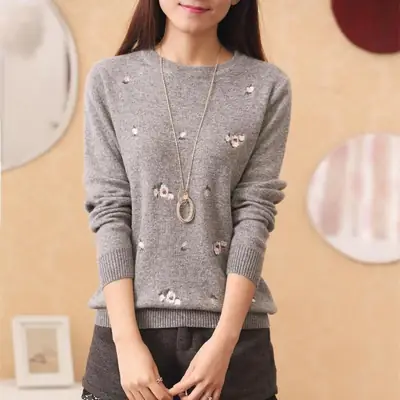 Women's Red Embroidered Long Sleeve Pullover Winter Wear