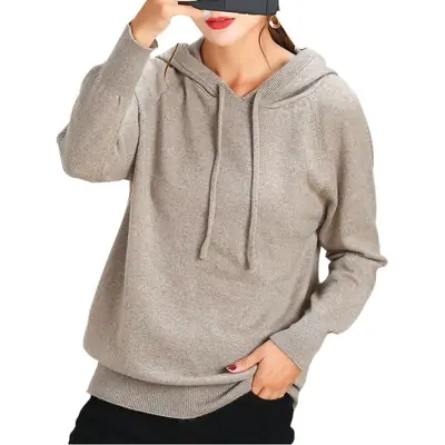 Women Grey Hooded Knitted Sweatshirt Medium