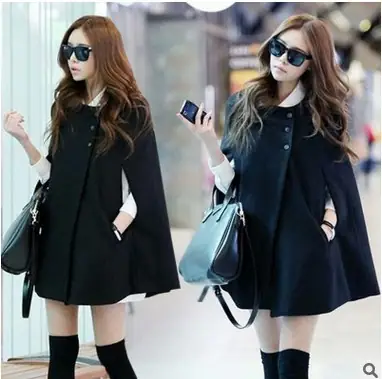 Women Woolen Cape Outwear Black Large Shawl Set