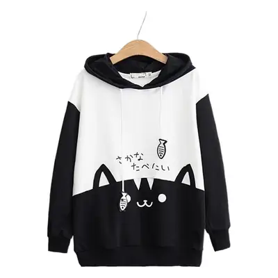 Japanese Cat Print Hooded Sweatshirt Black White