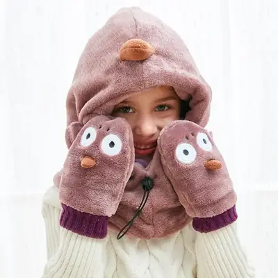 Red Fox Hooded Gloves for Kids 2-12 Years Thick Velvet Warm