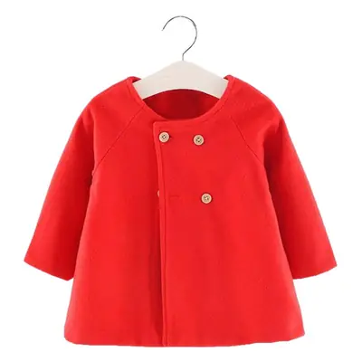 Red Woolen Round Neck Coat for Girls, 3/4 Sleeve, Button Front