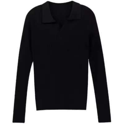 Women's Knitted Flip V Collar Shirt Brown Slim Fit