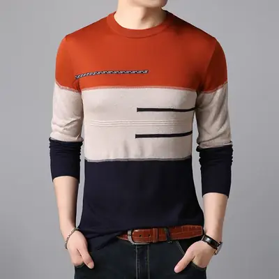 Men Knitted Long Sleeve T-Shirt Red Grey Blue Slim Fit Crewneck