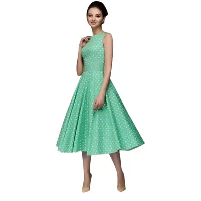 Green Sleeveless Polar Dot Long Dress for Women