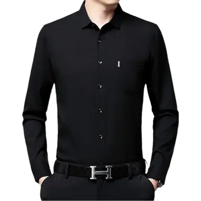 Men's Blue Long Sleeve Shirt Solid Color Real Pocket Business Casual