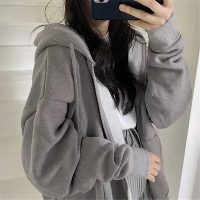 Women's Blue Fleece Hooded Hoodie Loose Fit Winter Coat