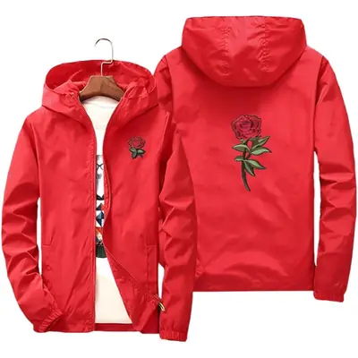 Men's White Embroidered Hoodie Jacket with Rose Design