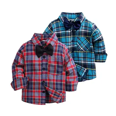 Cross-border Boys' Plaid Cotton Shirt with Bow
