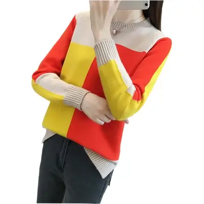 Korean Style Color-Block Knit Pullover Sweater for Women