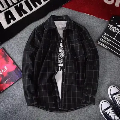 Men Korean Style Plaid Long Sleeve Shirt Black