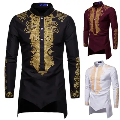 Men's Maroon Embroidered Long Sleeve Shirt with Gold Print