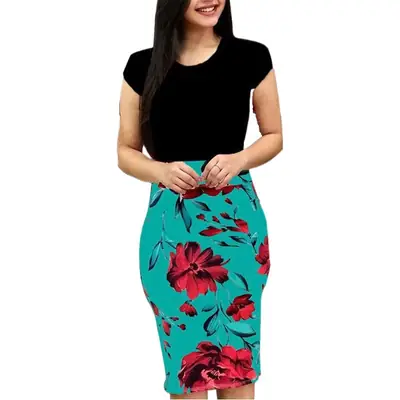Plus Size Floral Hip Dress Teal Red Rose 2025
