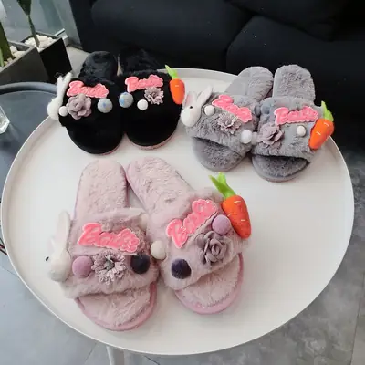 Pink Cartoon Radish Rabbit Plush Slide Slippers