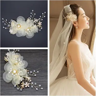 Korean Bride Wedding Veil Flower Headdress Beige Silk