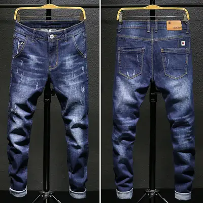 Men's Elastic Slim Jeans Blue Wash Cropped Spring Autumn