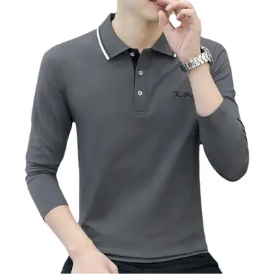 Men's Grey Polo Shirt Long Sleeve Lapel T-Shirt