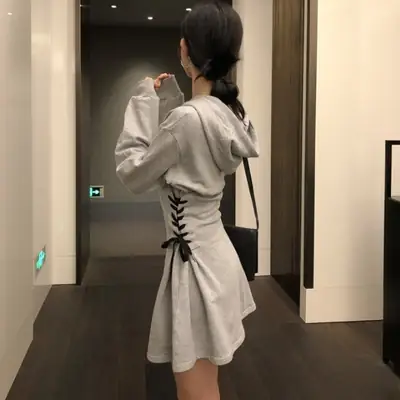 Women's Grey A-Line Waistcoat Dress with Hooded Neck