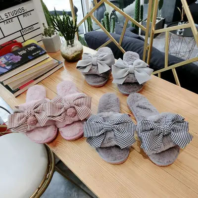 Japanese Houndstooth Bow Plush Slippers Women Warm Open Toe