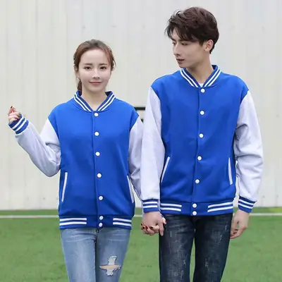 Couple Velvet Baseball Jacket Set Blue White