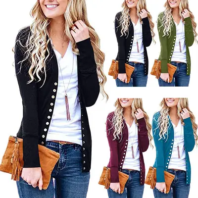 Green Button V-Neck Long Sleeve Cardigan Top