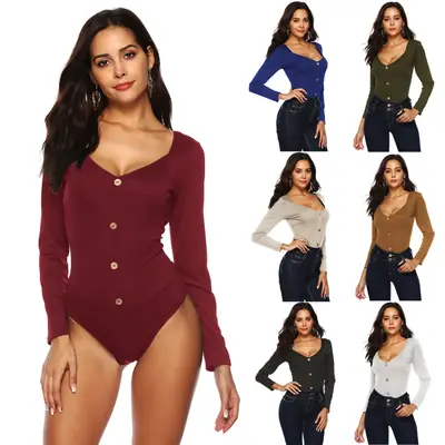Maroon Long Sleeve Button Front Jumpsuit for Women