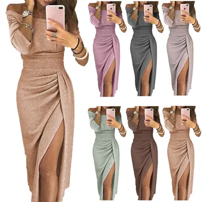 Women's Hip Slit Collar Dress Gray Shiny