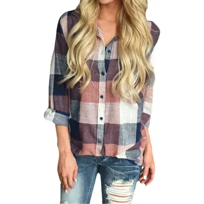 Cross-Border Women's Plaid Shirt Long Sleeve Casual Top
