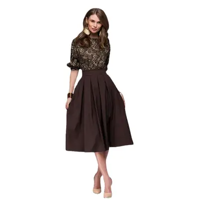 Women's Retro Pleated Dress Brown Contrast Print