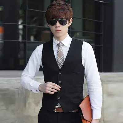 Men's K-Style Slim Vest Navy Blue Button Front