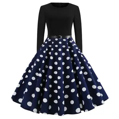 Long Sleeve Polka Dot Skirt Dress Navy Blue