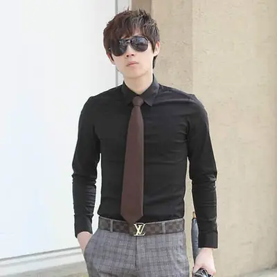Men Cotton Slim Fit Long Sleeve Shirt Light Blue