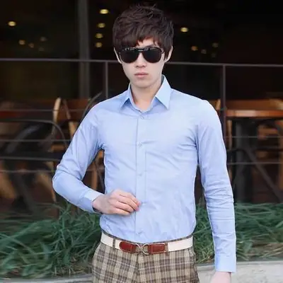 Men Cotton Slim Fit Long Sleeve Shirt Light Blue