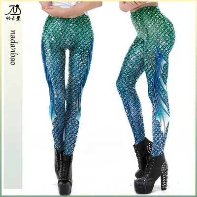 3D Mermaid Leggings Green Blue Printed Stretch Women