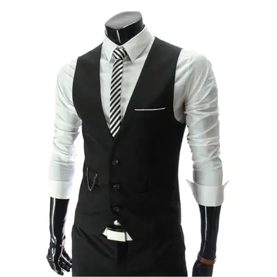 Men Slim V Neck Vest Black White Button Down