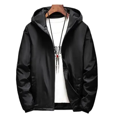 Men's Black Hooded Windbreaker Jacket Plus Size Cotton Padded