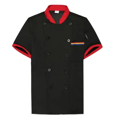 White Button Down Kitchen Jacket for Men with Red Trim