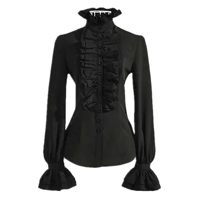 Black Ruffled Slim Fit Horn Sleeve Shirt for Women