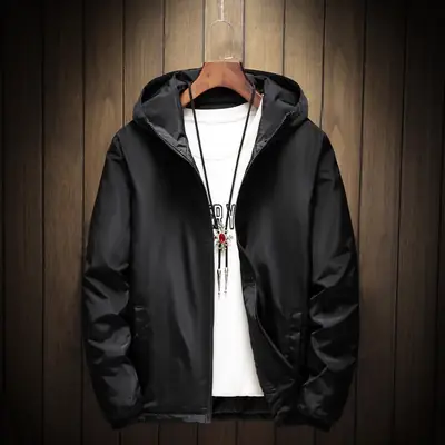 Men's Black Hooded Windbreaker Jacket Large