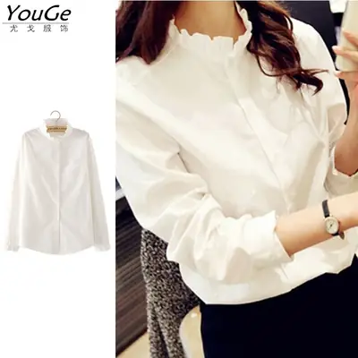 White Long Sleeve Women's Shirt Loose Fit Korean Style 2025