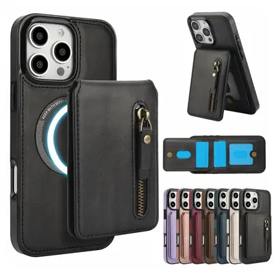 Purple Leather Phone Case with Zipper & Magnetic Suction