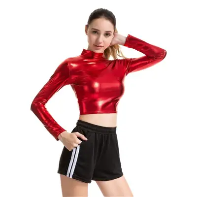 Women's Holographic High Collar Crop Top with Black Shorts